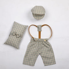 MOMISY Baby Photography Props Set, 4 Pieces, Gentleman Cap with Bow, Pillow and Dungaree (Khaki Grey, 0-3 Months)
