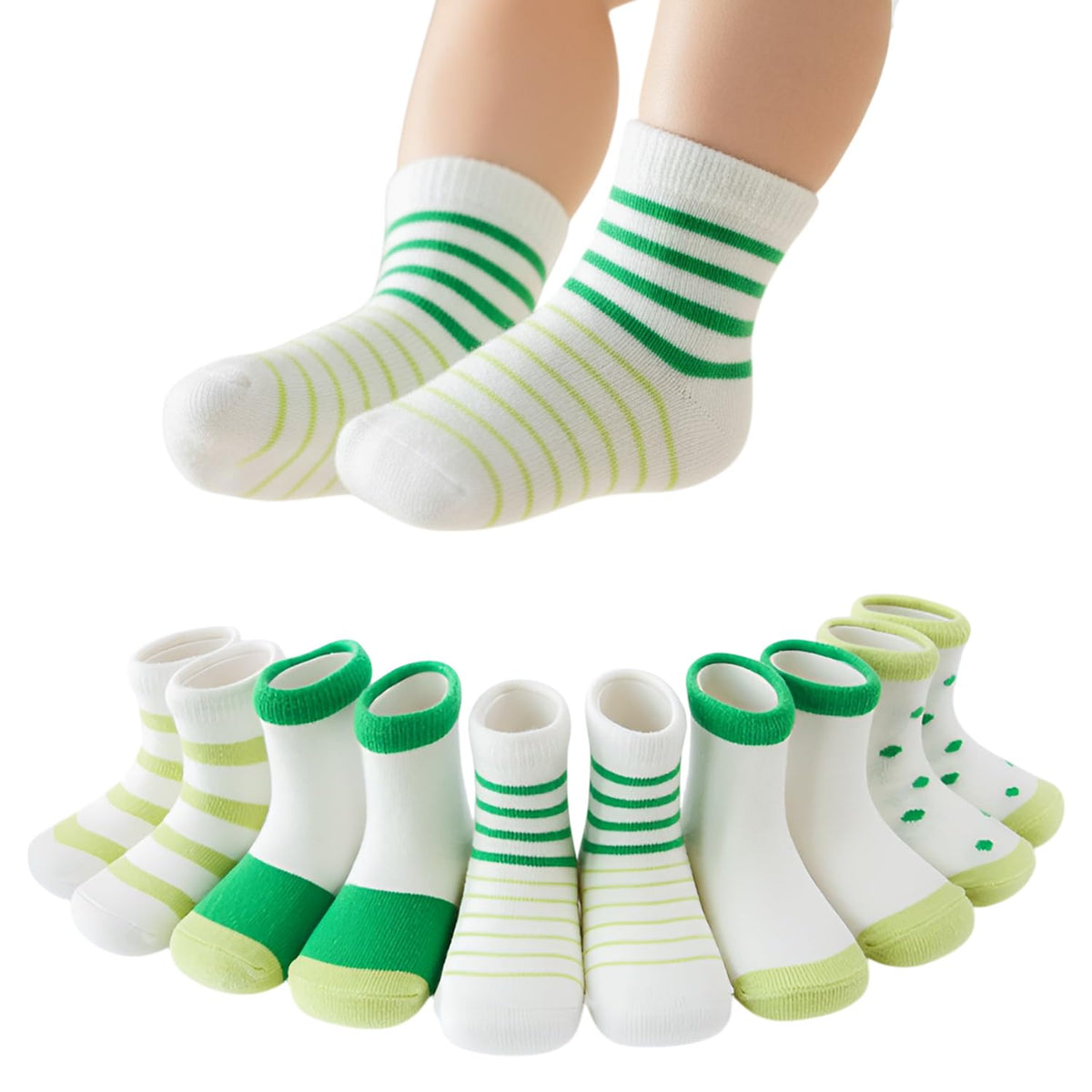 MOMISY 5 Pairs Girl Boys Tube Socks Toddlers Infant Solid Color Boat Spring and Autumn Socks Stretch Baby kids Sock (IN, Age, 0 Months, 12 Months, Green Stripe Polka)