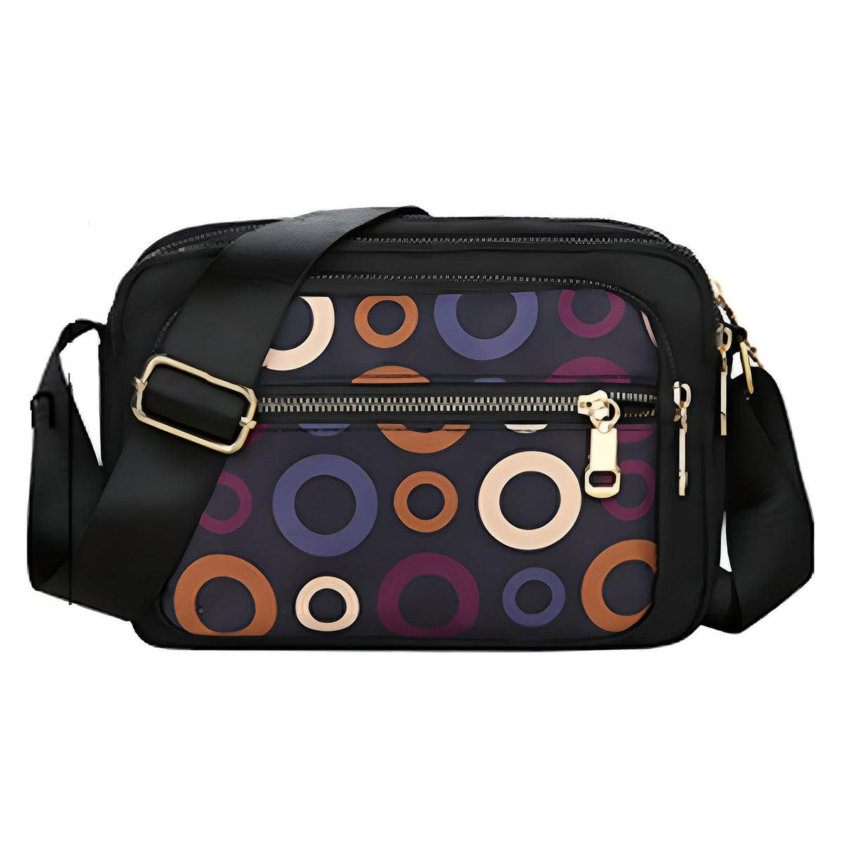 MOMISY Ladies Crossbody Bag, Nylon Shoulder Mobile Phone Purse, Circle Pattern, Black with Multi-Colour