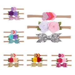 MOMISY Headbands Flowers Soft Synthetic Hairbands for Baby Girls, Infants and Toddlers, Pack of 3 - Multicolor (Free Size, Blue Purple Pink)