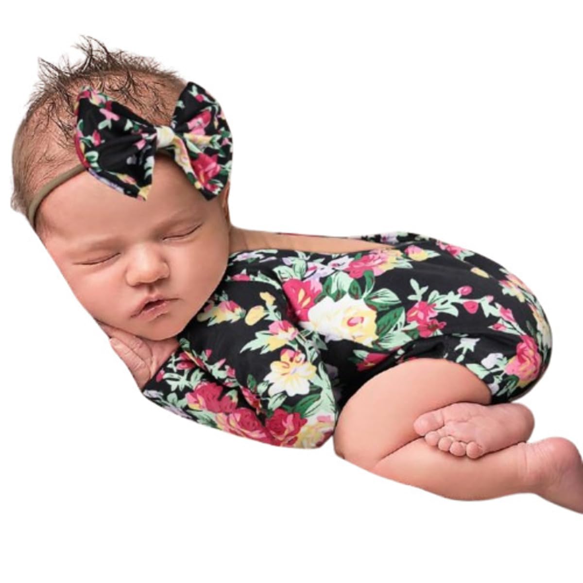 MOMISY Floral Romper with Hairband Photoshoot Photography Props Costume (Black)