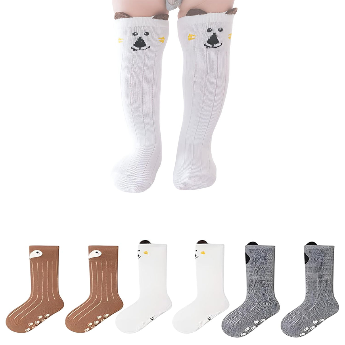 MOMISY 3 Pairs of Baby Kids Children Anti Skid Sleep Spring Winter And Autumn Combed Cotton Long Tube Knee-High Socks (IN, Age, 0 Months, 12 Months, Brown White Grey)