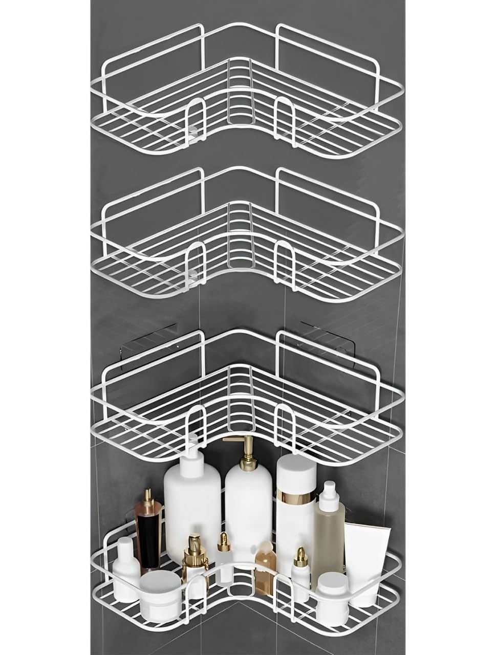 MOMISY Wall Mounted Self Adhesive Corner Shelf for Bathroom Corner/Kitchen Rack Holder with Magic Sticker/Bathroom Organizer Without Drill (4, L Shape White)