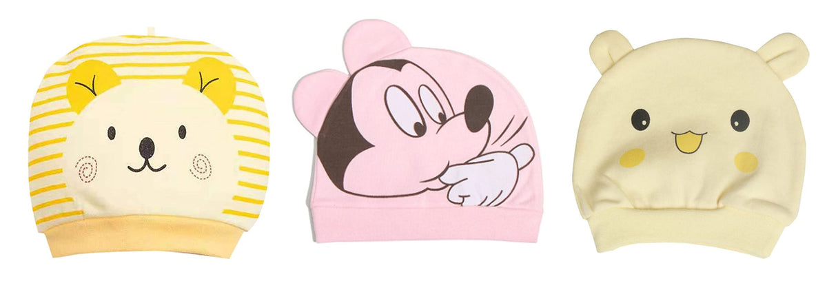 MOMISY Small Cartoon Design Baby Cotton Cap for Newborn Baby Boys and Girls of Age 0 to 6 Months (CtYlo-MkPnk-PndaLtYlo)-Pack of 3