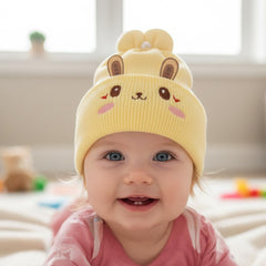 MOMISY Bunny Baby Cap, Soft Beanie Woolen Hat for Spring, Winter, Autumn, for Newborn, Infant, Toddler, Kids, Babies- 0 to 6 Months (in, Age, 0 Months, 6 Months, Yellow)