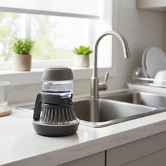 MOMISY Plastic Cleaning Brush with Soap Dispenser for Kitchen, Sink, Dish Washer with Storage Stand-Pack of 1 (Grey)