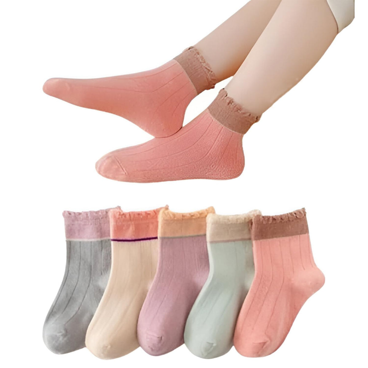 MOMISY 5 Pairs Baby Kids Girl Boys Tube Socks Toddlers Comfortable Ankel Length gifts (Lace2Color, 0 to 6 Months)