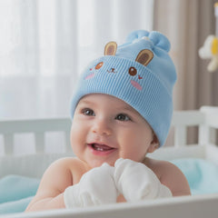 MOMISY Bunny Baby Cap, Soft Beanie Woolen Hat for Spring, Winter, Autumn, for Newborn, Infant, Toddler, Kids, Babies- 0 to 6 Months (in, Age, 0 Months, 6 Months, Blue)