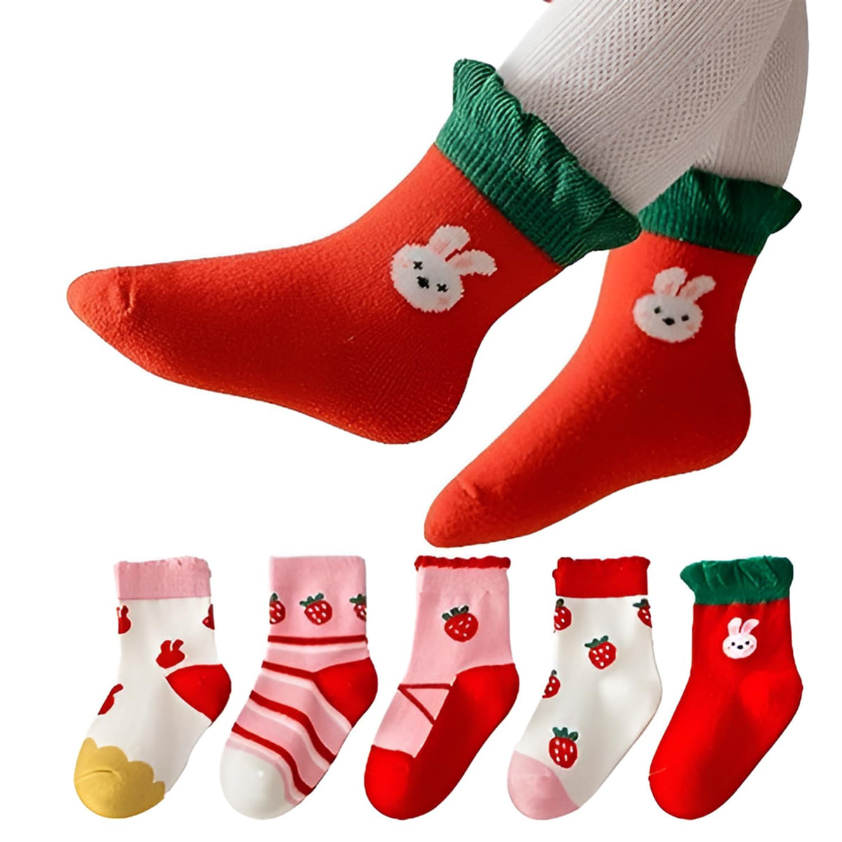 MOMISY 5 Pairs Girl Boys Tube Socks Toddlers Infant Solid Color Boat Spring and Autumn Socks Stretch Baby kids Sock (Strawberry, 1 Year to 3 Year)