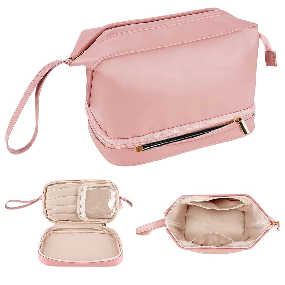 MOMISY Large Capacity Cosmetic Travel Bag, Women's Makeup Travel Bag Portable Leather Cosmetics Bag, Makeup Storage Bags with Handle and Divider, Wide Opening Cosmetic/Makeup Organizer (Pink)