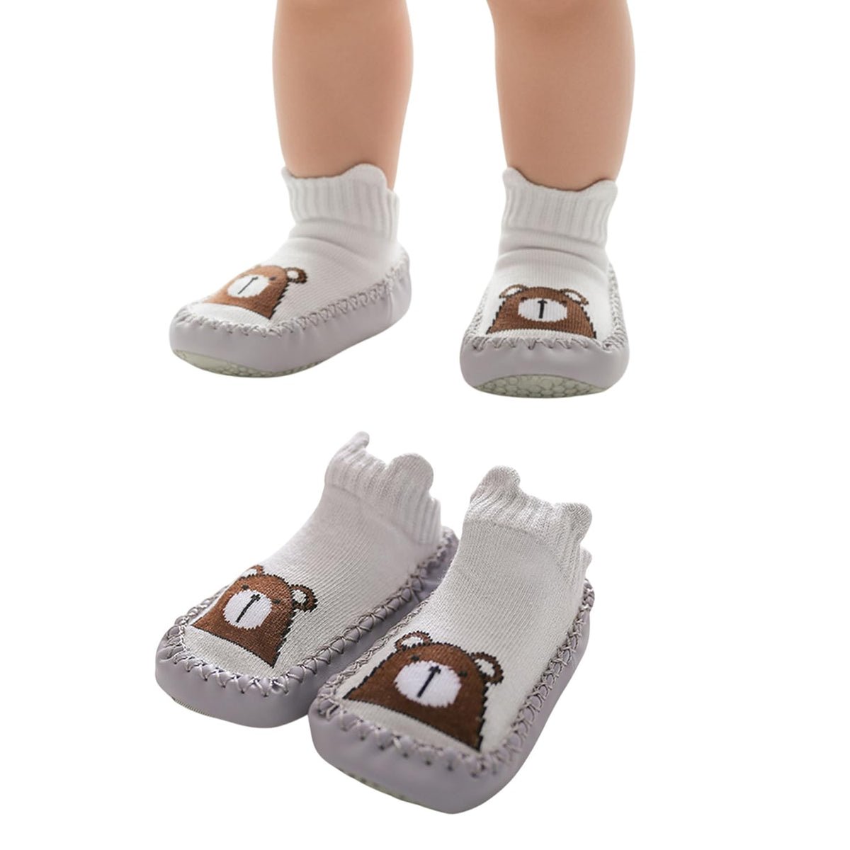 MOMISY Anti-Skid leather soled Shoe Socks for Baby Boys and Baby Girls-12 to 18 months, Medium (Grey Bear, M)