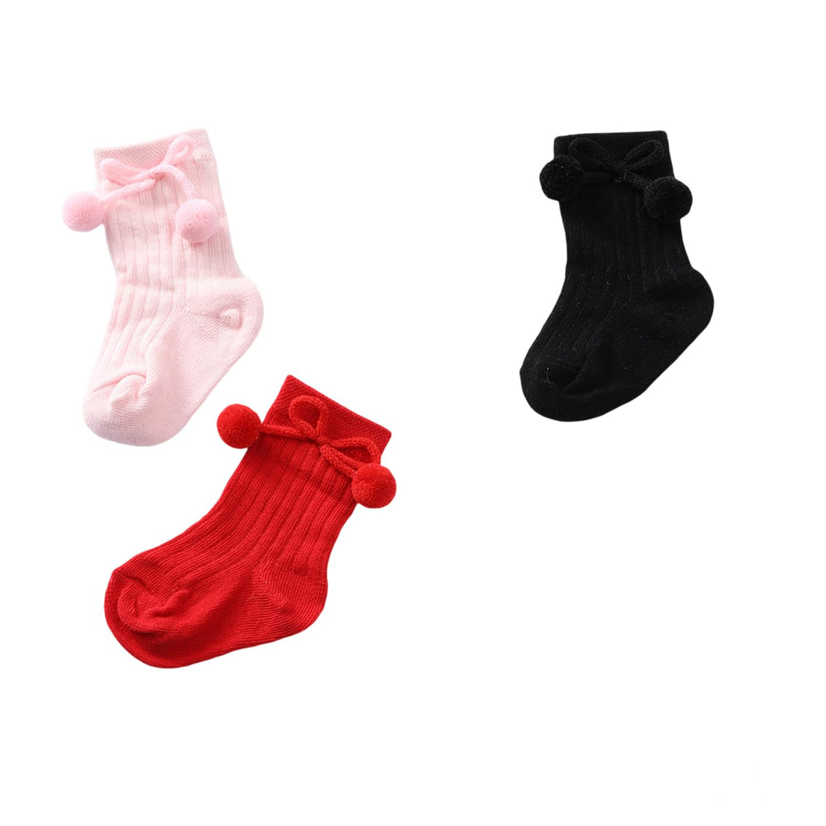 MOMISY Baby Cotton Crew/Calf Socks, Long Tube Style, 2/3 Pairs, Pom Design (IN, Age, 0 Months, 12 Months, 3, RedBlackPink)
