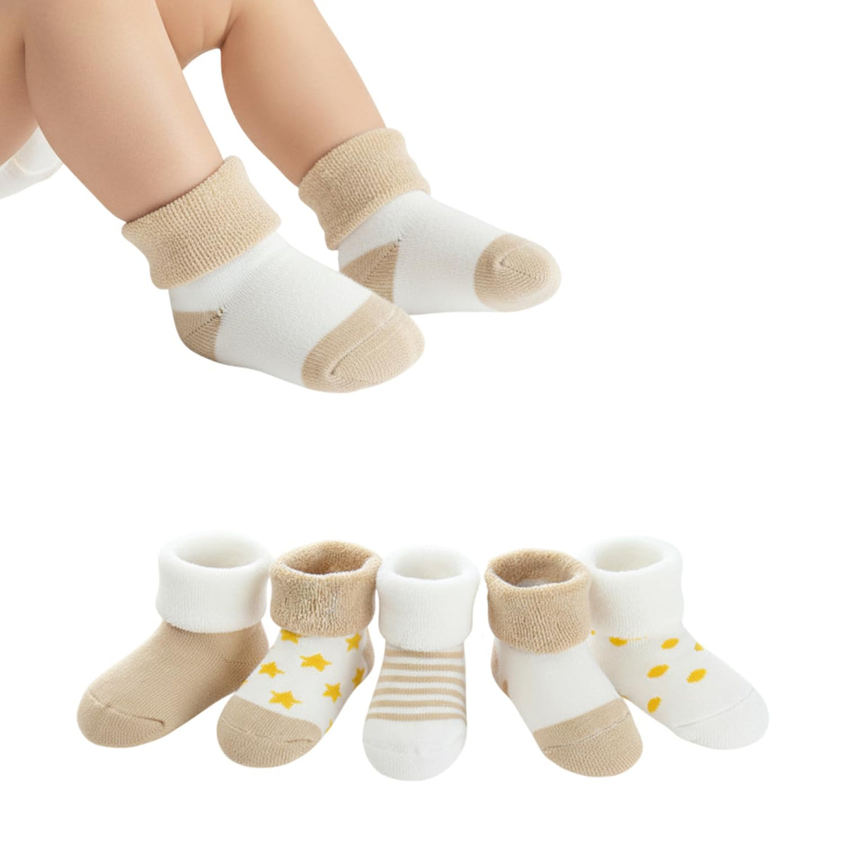 MOMISY 5 Pairs Tube Socks for children Toddlers Infant Baby Girl Boys (Cream, 0 Months to 6 Months)