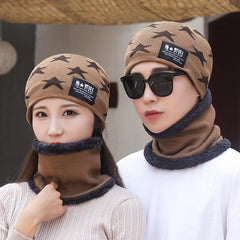 MOMISY Unisex Woolen Beanie with Star Pattern and Fleece Lined Neck Warmer Scarf Set, Brown