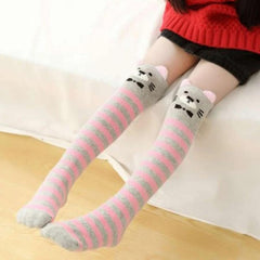 MOMISY Kids 1 Pair of Unisex Baby Spring Winter And Autumn Combed Cotton Long Tube Knee-High Socks, Size 3 to 12 Years, LightPInkGreyStripes