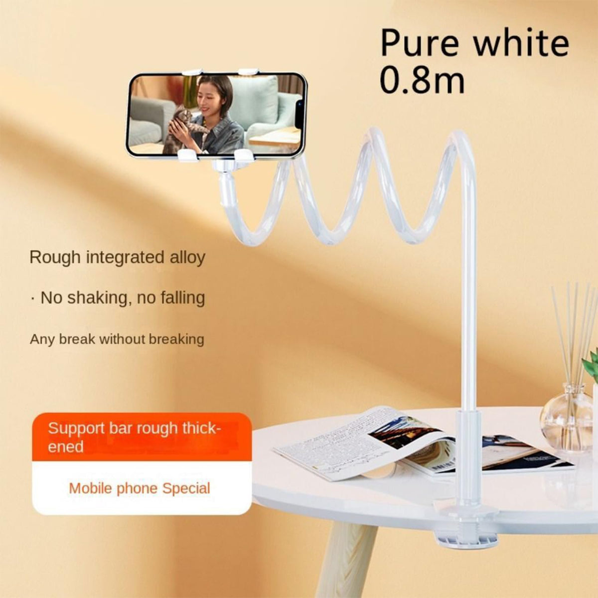MOMISY Mobile Phone Holder, 360° Adjustable Gooseneck Clamp Mount, Universal Phone Stand for Desk, Office, Home (Nut White, 60 cm)