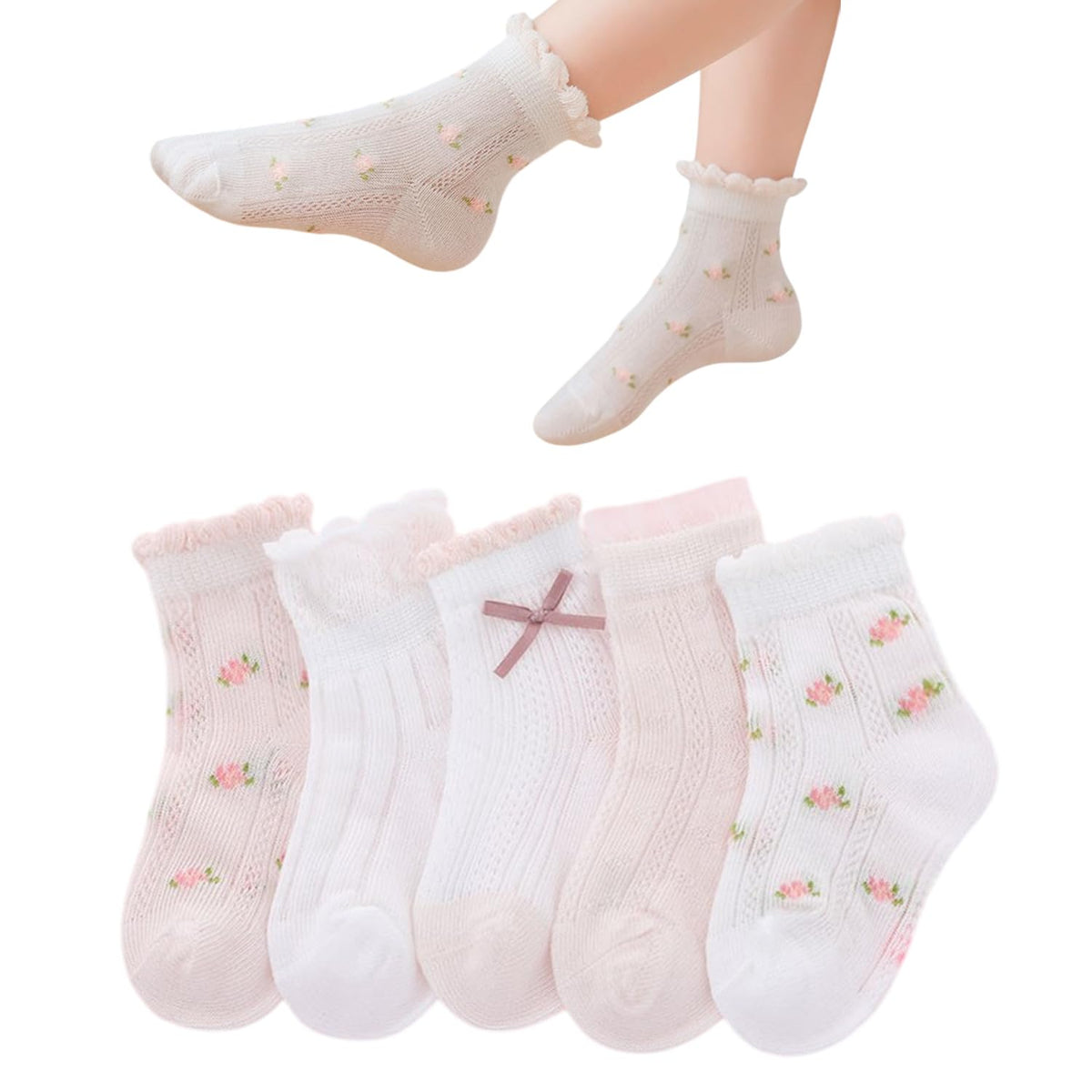 MOMISY 5 Pairs Baby Kids Girl Boys Tube Socks Toddlers Comfortable Ankel Length gifts (IN, Age, 3 Years, 5 Years, Bow-PinkWhite)