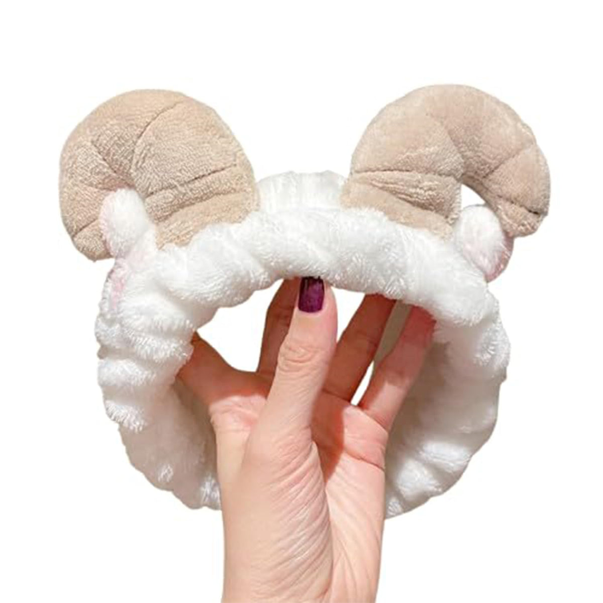 MOMISY Elastic Women's Lovely Hair Band Wash Face Spa Headband-Washable Facial Band Makeup Wrap Headbands Fits All Head Sizes (Sheep Horn White Khaki)