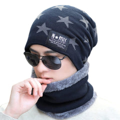 MOMISY Unisex Woolen Beanie Cap Plus Muffler Scarf Set for Men Women (Navy Blue)
