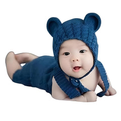 Baby Photography Costume Set, Knitted Bear Ear Beanie Cap with Romper, Navy Blue