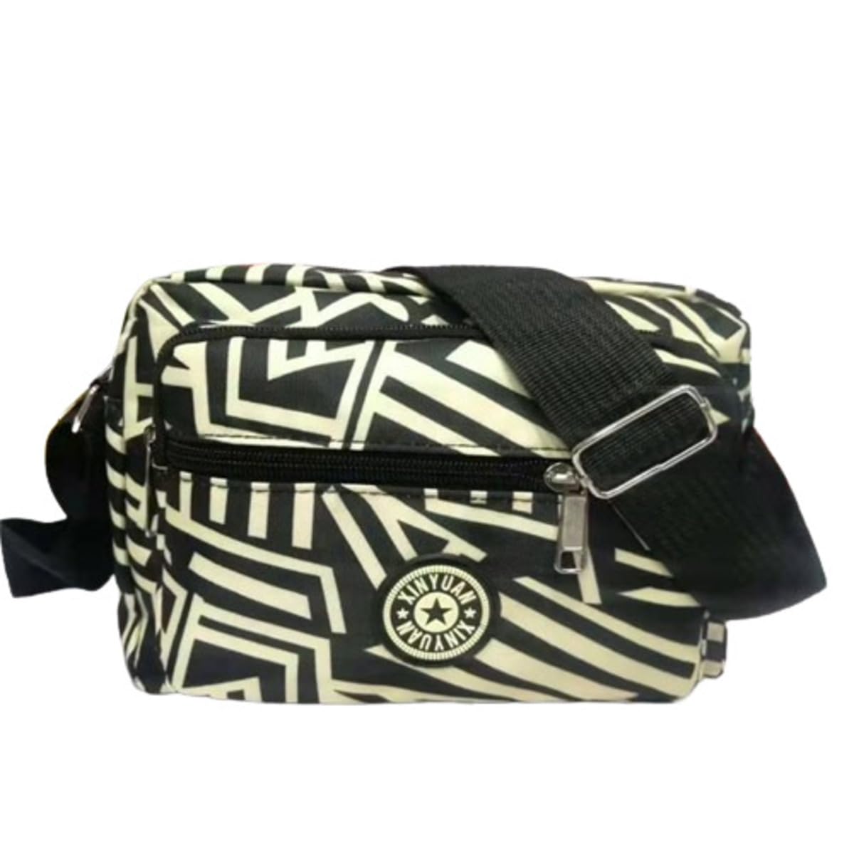 MOMISY Women Mobile Messenger cellphone Bag Ladies Nylon Shoulder Cross Body Long Strap for College, Outing, Travelling, Work (Medium, BlackGeometric)