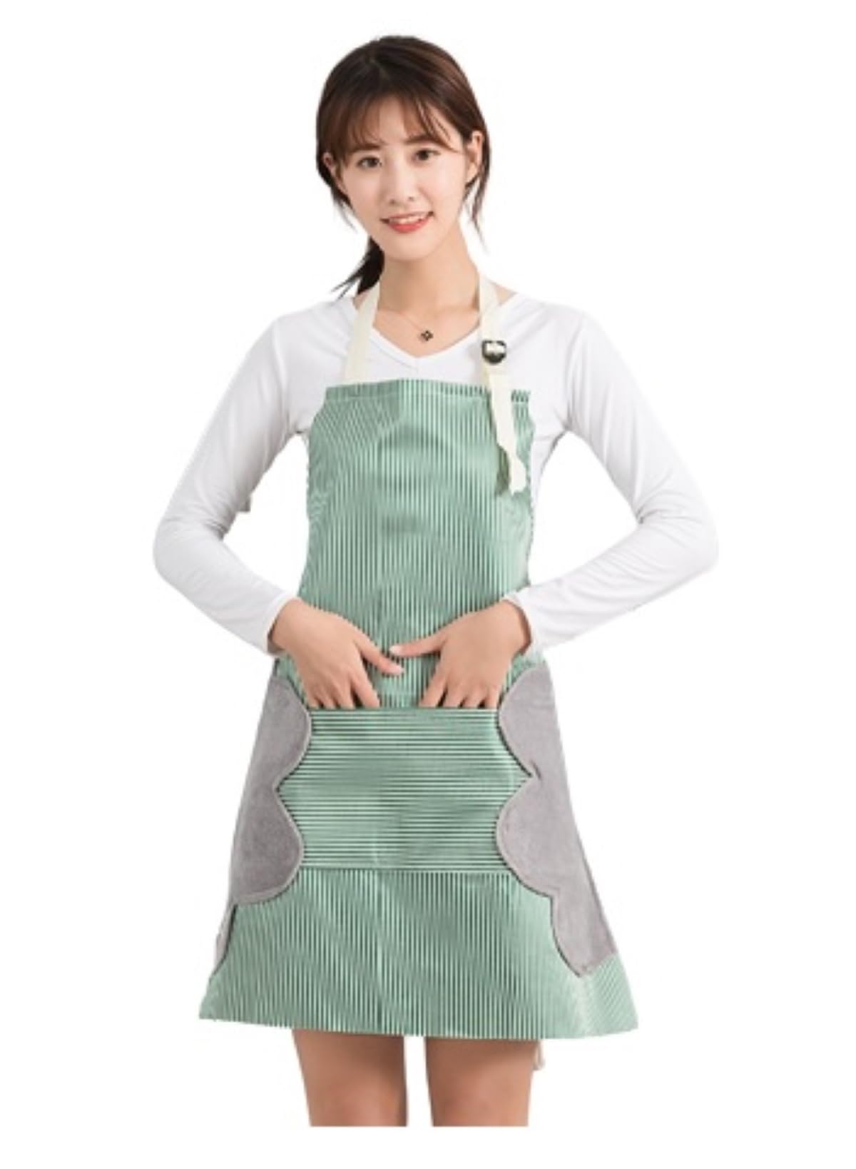 MOMISY Kitchen Cooking Apron with Pocket and 2 Stitched Towels Waterproof Adjustable Durable Stripe Kitchen Women Men Apron with Pockets Bib (Striped Green)