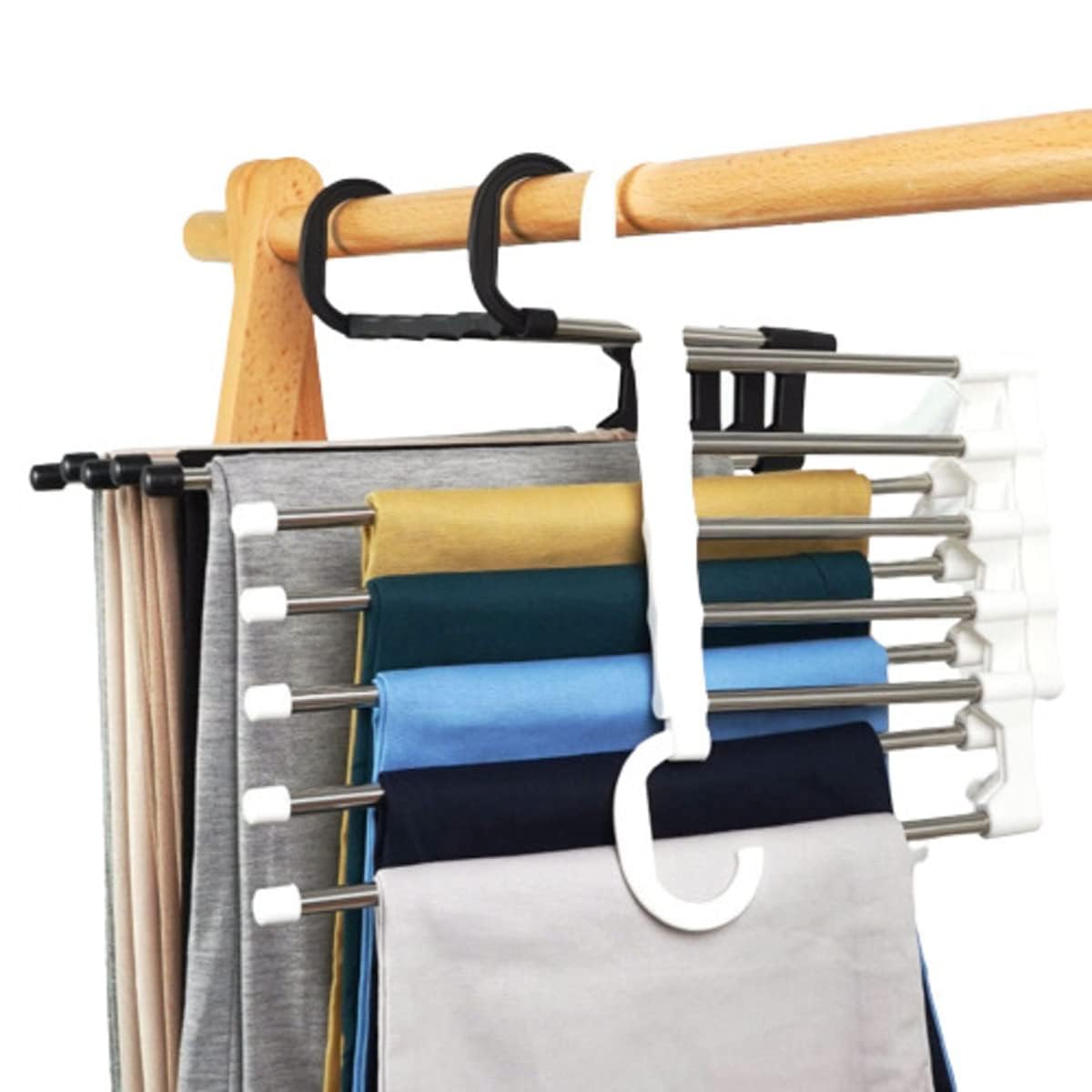 MOMISY 5 in 1 Stainless Steel Foldable Hangers for Clothes Pant Hanging Multi-Layer Multi Purpose Space Saving Magic for Wardrobe (Pack of 3)