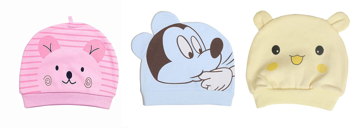 MOMISY 1 Piece Small Cartoon Design Baby Cotton Cap for Newborn Baby Boys and Girls of Age 0 to 5 Months (CtPnk-MkBlu-PndaLtYlo)