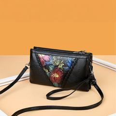 MOMISY Women Embroidery Crossbody Bag Small Shoulder Black Purse Soft Synthetic Leather Mobile Cell Phone Bag For Ladies (Hibiscus)