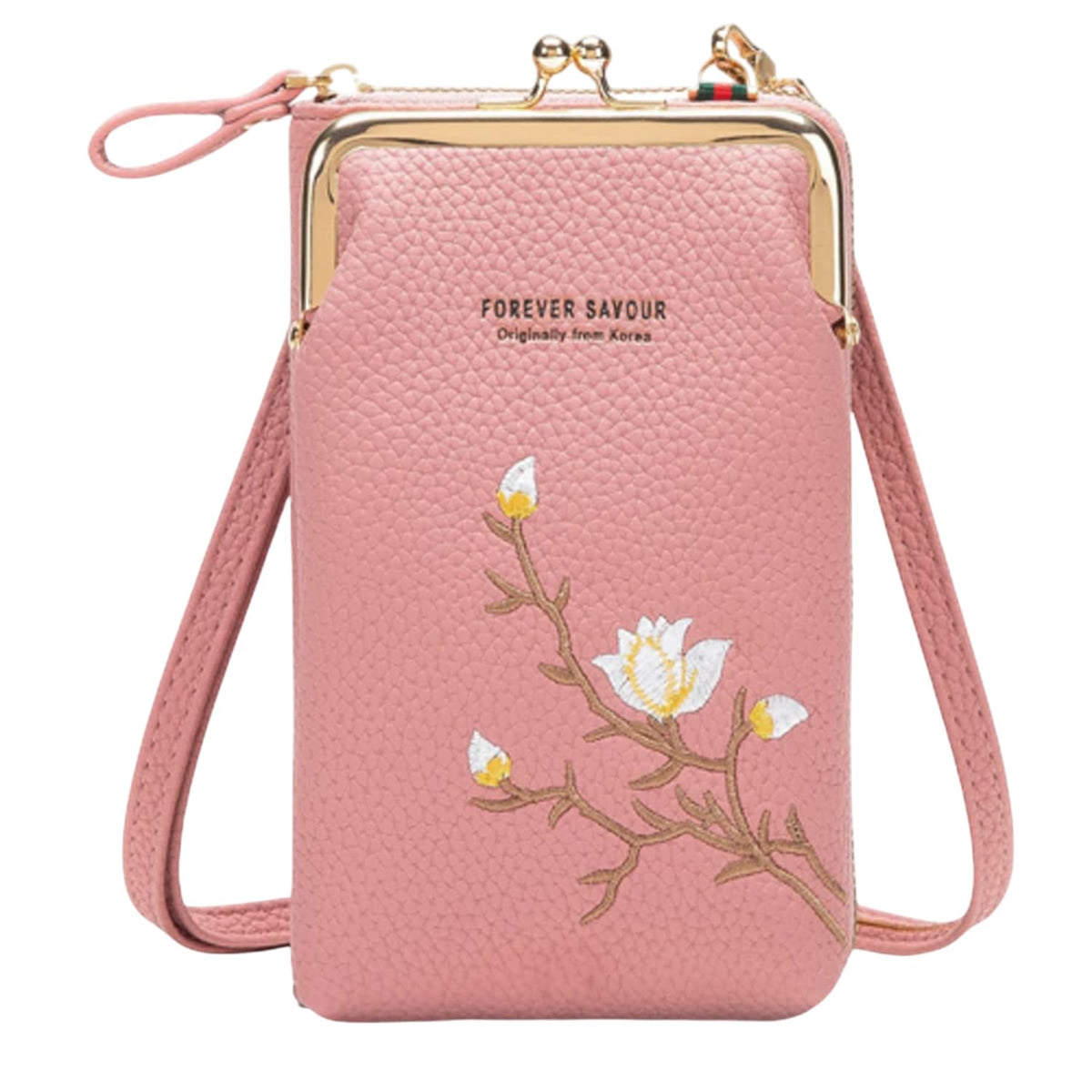 MOMISY Mobile Bag Cellphone Sling Bag Card Holder Wallet Handbag Crossbody multi-function Shoulder Bag for Girls & Women-Embroidery (Pink)