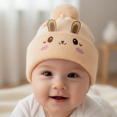 MOMISY Bunny Baby Cap, Soft Beanie Woolen Hat for Spring, Winter, Autumn, for Newborn, Infant, Toddler, Kids, Babies- 0 to 6 Months (in, Age, 0 Months, 6 Months, Peach)