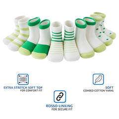 MOMISY 5 Pairs Girl Boys Tube Socks Toddlers Infant Solid Color Boat Spring and Autumn Socks Stretch Baby kids Sock (IN, Age, 0 Months, 12 Months, Green Stripe Polka)