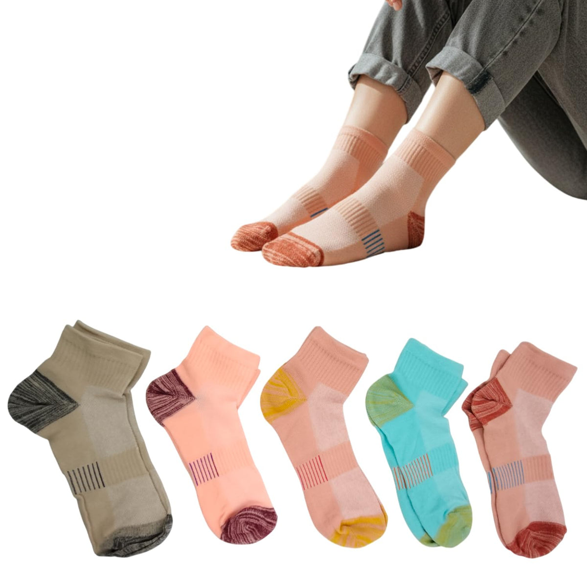 MOMISY Unisex Cotton Blend Ankle Crew Socks, Mid Tube for Men & Women, Pack of 5, Multicolour, Free Size (Crew A)
