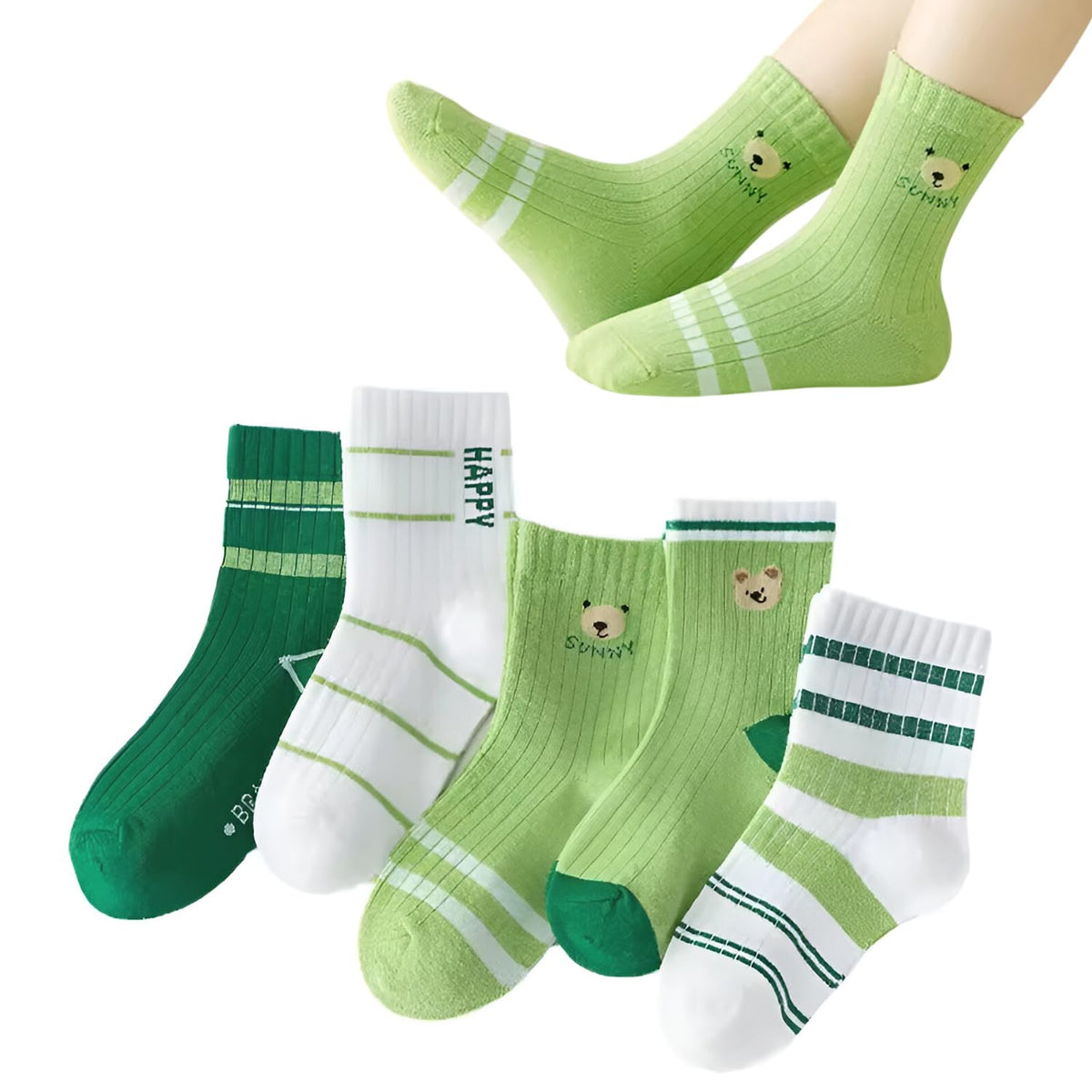 MOMISY 5 Pairs Baby kids Girl Boys Toddlers InfantmCotton Stretch Baby Socks (IN, Age, 3 Years, 5 Years, GreenBear)