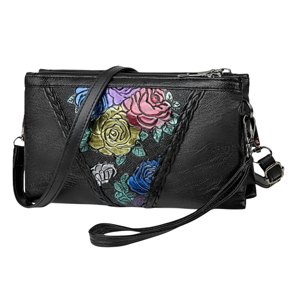 MOMISY Women Embroidery Crossbody Bag Small Shoulder Purse Soft Synthetic Leather Mobile cell phone bag For Ladies (Rose)