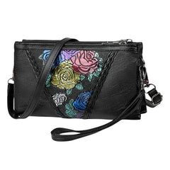 MOMISY Women Embroidery Crossbody Bag Small Shoulder Purse Soft Synthetic Leather Mobile cell phone bag For Ladies (Rose)