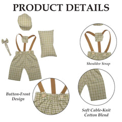 MOMISY Baby Photography Props Set, 4 Pieces, Gentleman Cap with Bow, Pillow and Dungaree (Light Green, 0-3 Months)