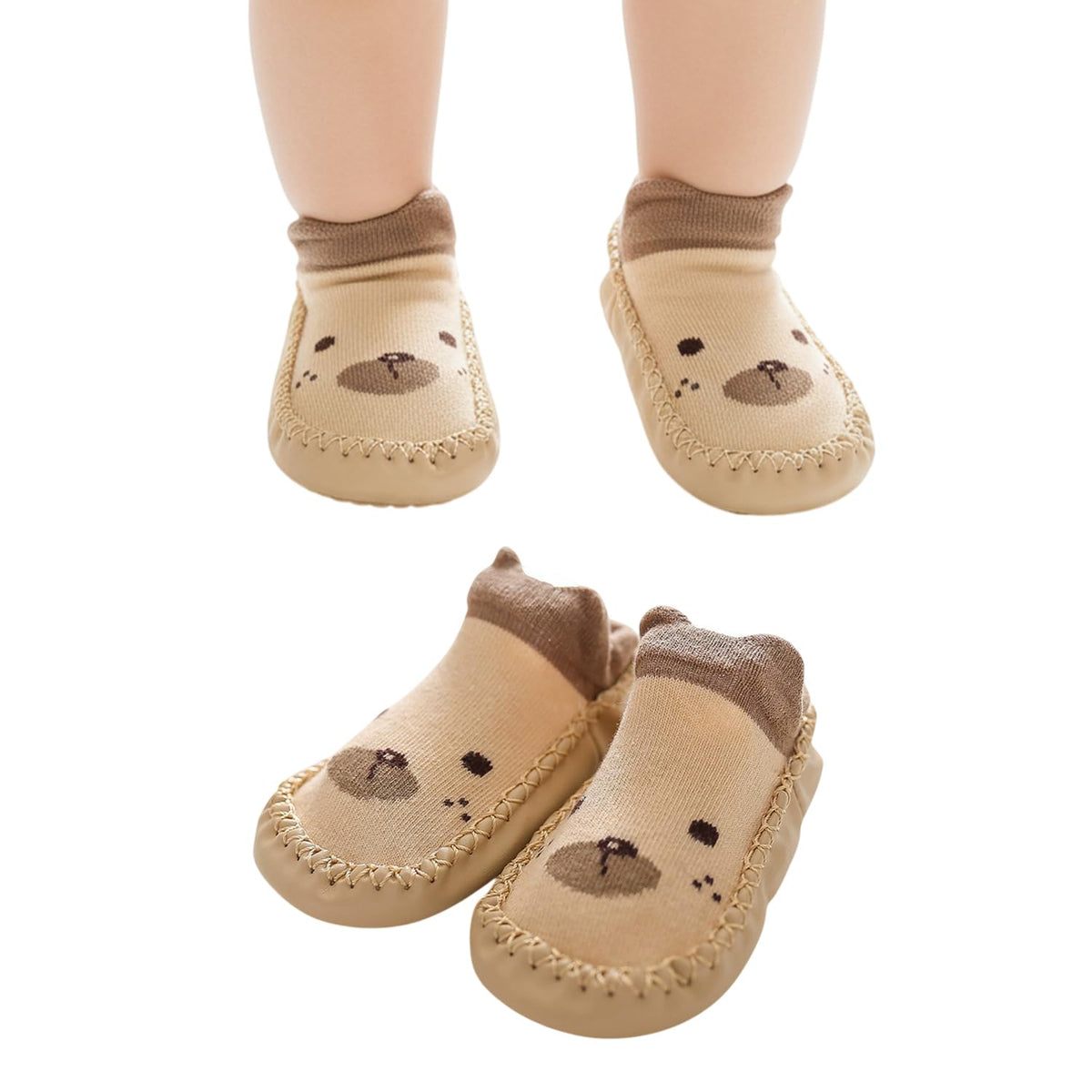 MOMISY Anti-Skid Leather Soled Shoe Ankle Length Socks For Baby Boys And Baby Girls-12 To 18 Months, Medium, Khaki