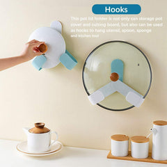 MOMISY Plastic Self Adhesive Pot Lid Holder No-Punch Wall-Mounted Rotatable Rack Pan Cover Organizer Storage Kitchen Household Set Tools (White Hook)