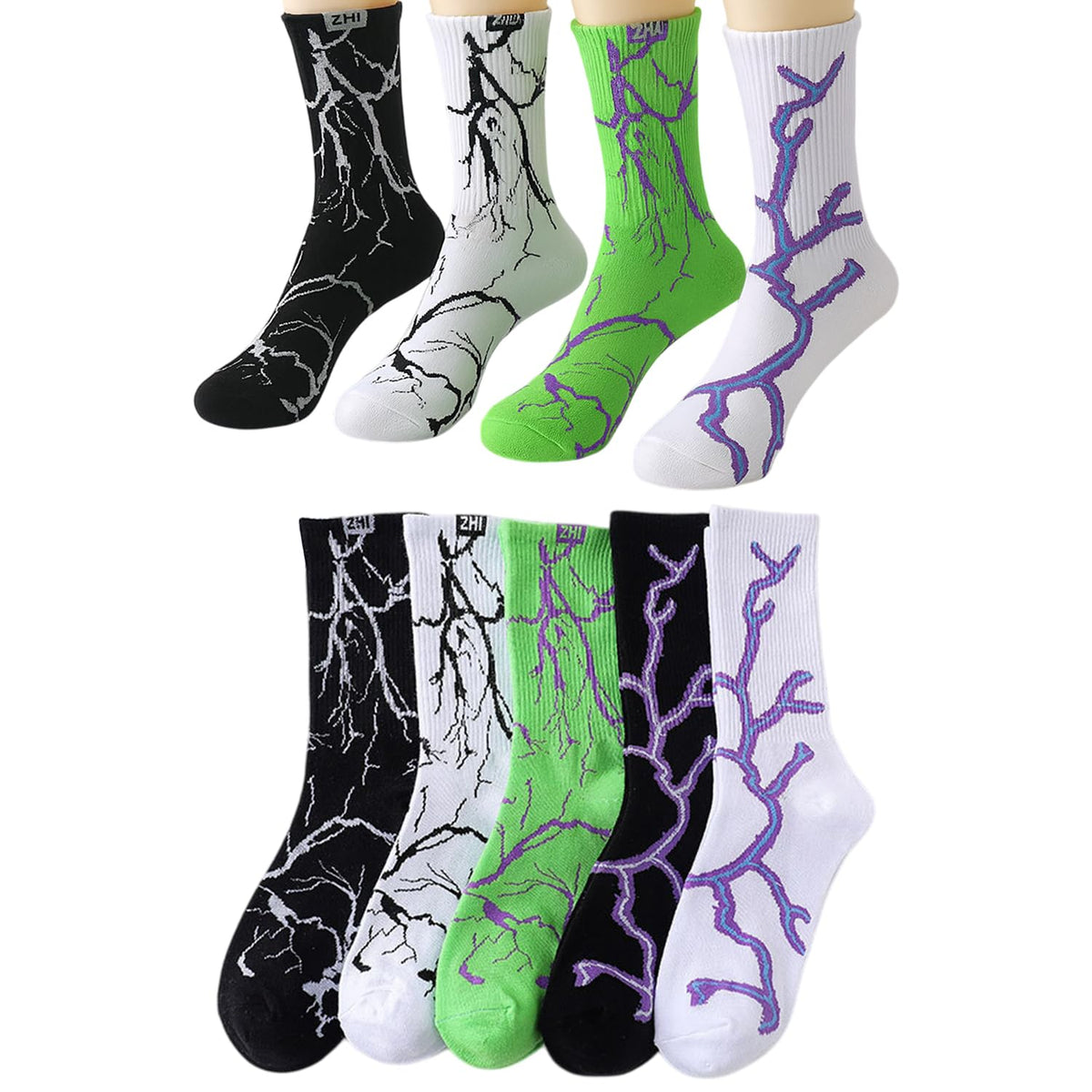 MOMISY Men’s Cotton Crew Socks | Stylish Lightning Pattern Casual Socks – Breathable & Comfortable – Pack of 5 (Multicolor)