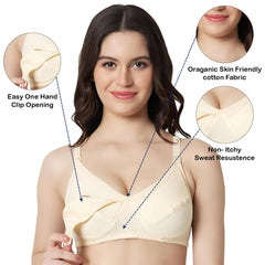 MOMISY Maternity Nursing Bra for Women | Non-Padded Cotton Blend | Wire-Free V-Neck Feeding Bra (Size 36 Beige)