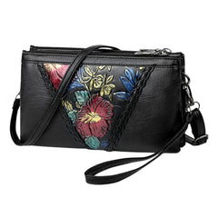 MOMISY Women Embroidery Crossbody Bag Small Shoulder Black Purse Soft Synthetic Leather Mobile Cell Phone Bag For Ladies (Hibiscus)