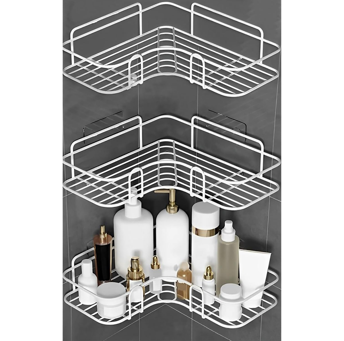 MOMISY Wall Mounted Self Adhesive Corner Shelf for Bathroom Corner/Kitchen Rack Holder with Magic Sticker/Bathroom Organizer Without Drill (3, L Shape White)