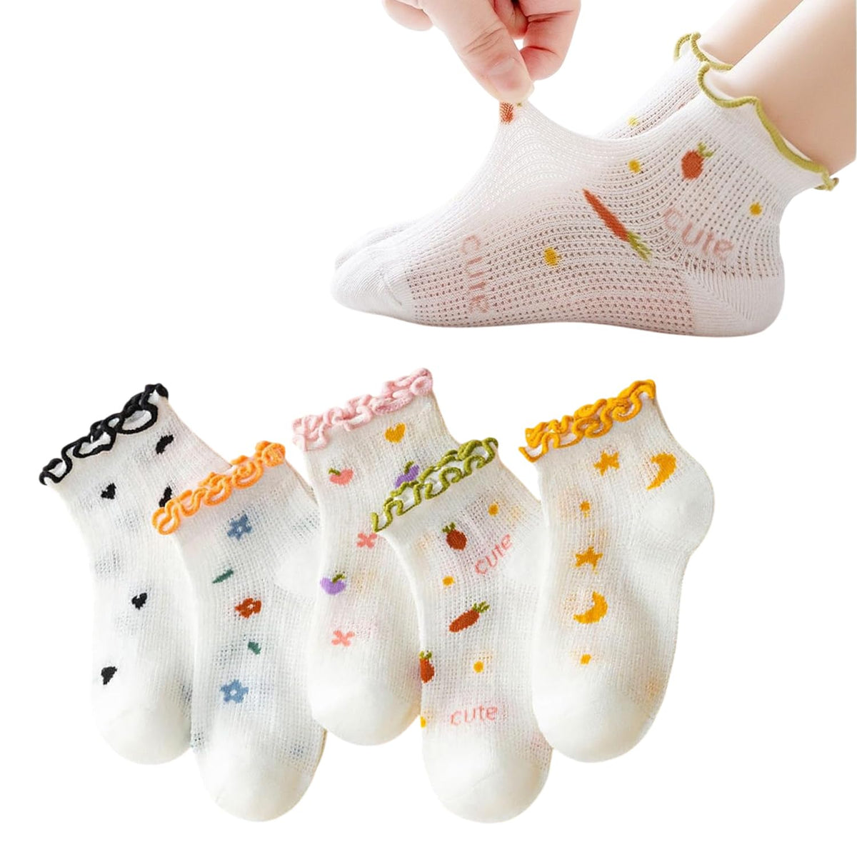 MOMISY 5 Pairs Baby Kids Girl Boys Tube Socks Toddlers Comfortable Ankel Length gifts (IN, Age, 3 Years, 5 Years, Lace White)
