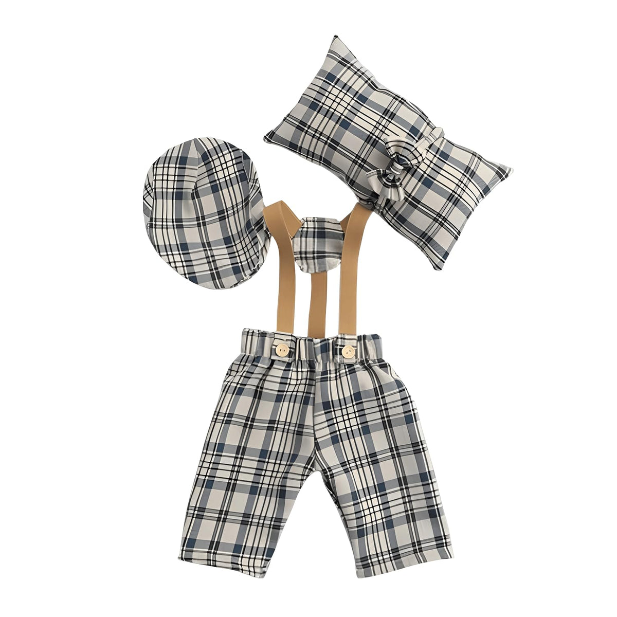 MOMISY Baby Photography Props Set, 4 Pieces, Gentleman Cap with Bow, Pillow and Dungaree (Beige, 0-3 Months)