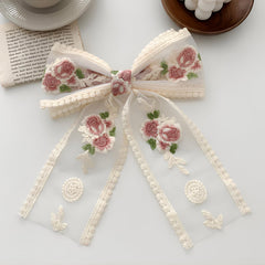 MOMISY Floral Embroidery Hair Bow Barrette Clips, Fabric Back Clips for Women and Girls (Beige, Large)
