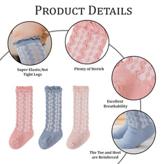 MOMISY 3 Pairs of Baby Spring Winter And Autumn Combed Cotton Long Tube Knee-High Socks (IN, Age, 0 Months, 12 Months, BluePinkPeach)