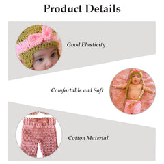 MOMISY Handmade Crochet Baby Photography Prop Set, Pink and Khaki Cap with Bow, Pants Photoshoot Costume