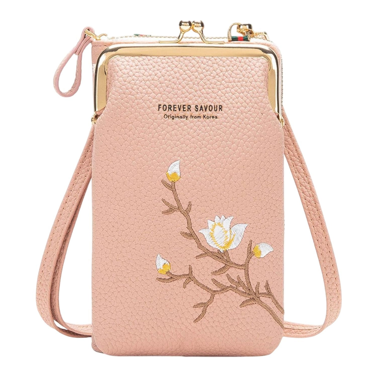 MOMISY Mobile Bag Cellphone Sling Bag Card Holder Wallet Handbag Crossbody multi-function Shoulder Bag for Girls & Women-Embroidery (Light Pink)