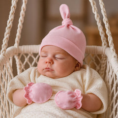 MOMISY Newborn Baby's Cotton Cap Mitten Set, 0-6 Months (IN, Age, 0 Months, 6 Months, LightPink)